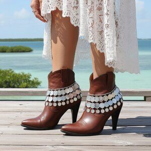 NEW Women Boot Bracelet Silver Metal Chain Ethnic Coin Shoe Charm Anklet SET